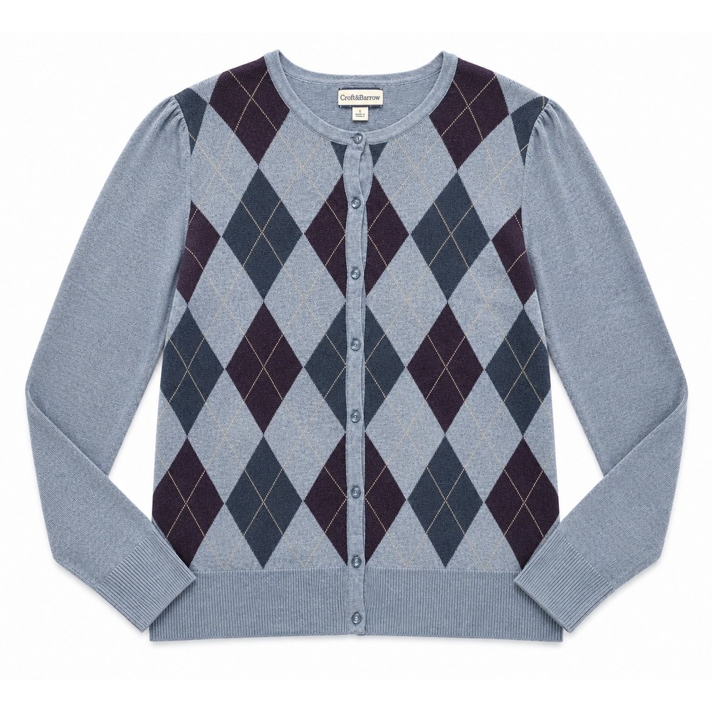 Croft & Barrow Womens Blue Argyle Pima Cotton Blend Button Front Cardigan Size L